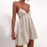 Early Retro A line Slip Dress Pleated Cotton Linen V neck Dress